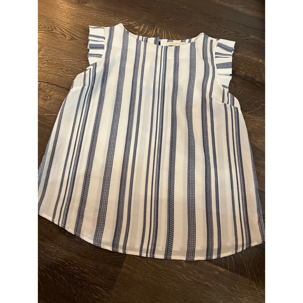 Monteau Los Angeles Striped Ruffle Sleeve Blouse Top Casual White Blue M